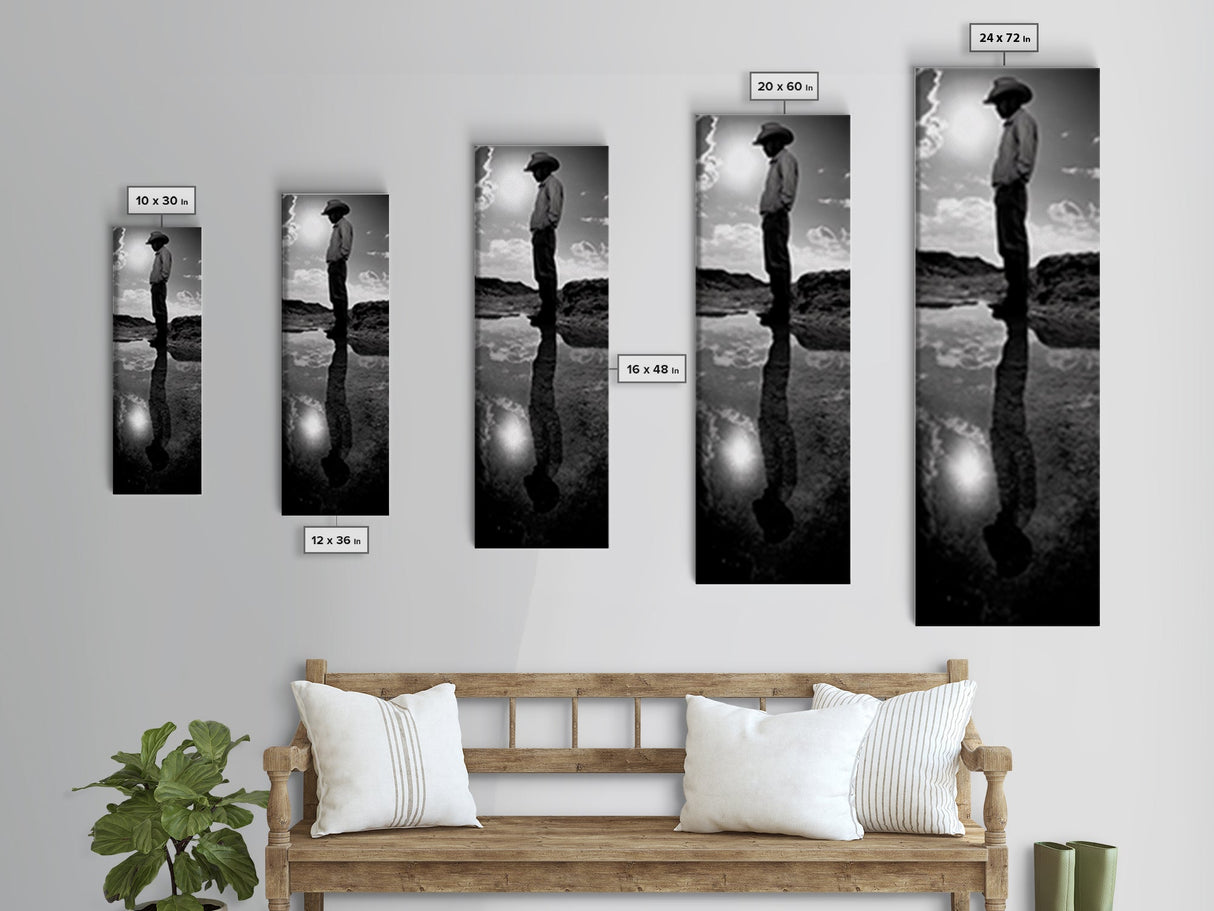 Lone Cowboy, Reflection Photography, Framed Canvas Print, Rustic Art, Moody Wall Art, Extra Wide Art, Southwest Wall Art