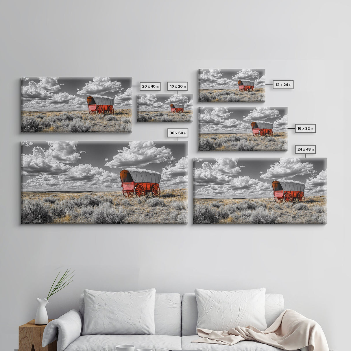 Red Covered Wagon Canvas Print | Rustic Farmhouse Art | Southwest Wall Art | Landscape Painting | Moody Art | Above Couch Art | Extra Wide Art