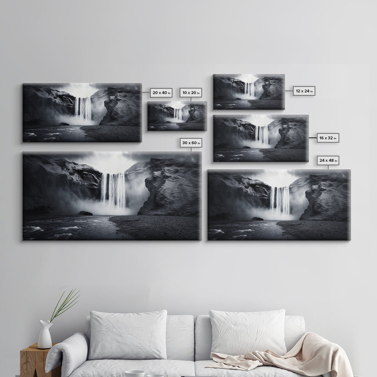 Powerful Waterfall Mist, nature wall art, moody art, mountain painting, black and white photography, dramatic landscape, framed canvas print