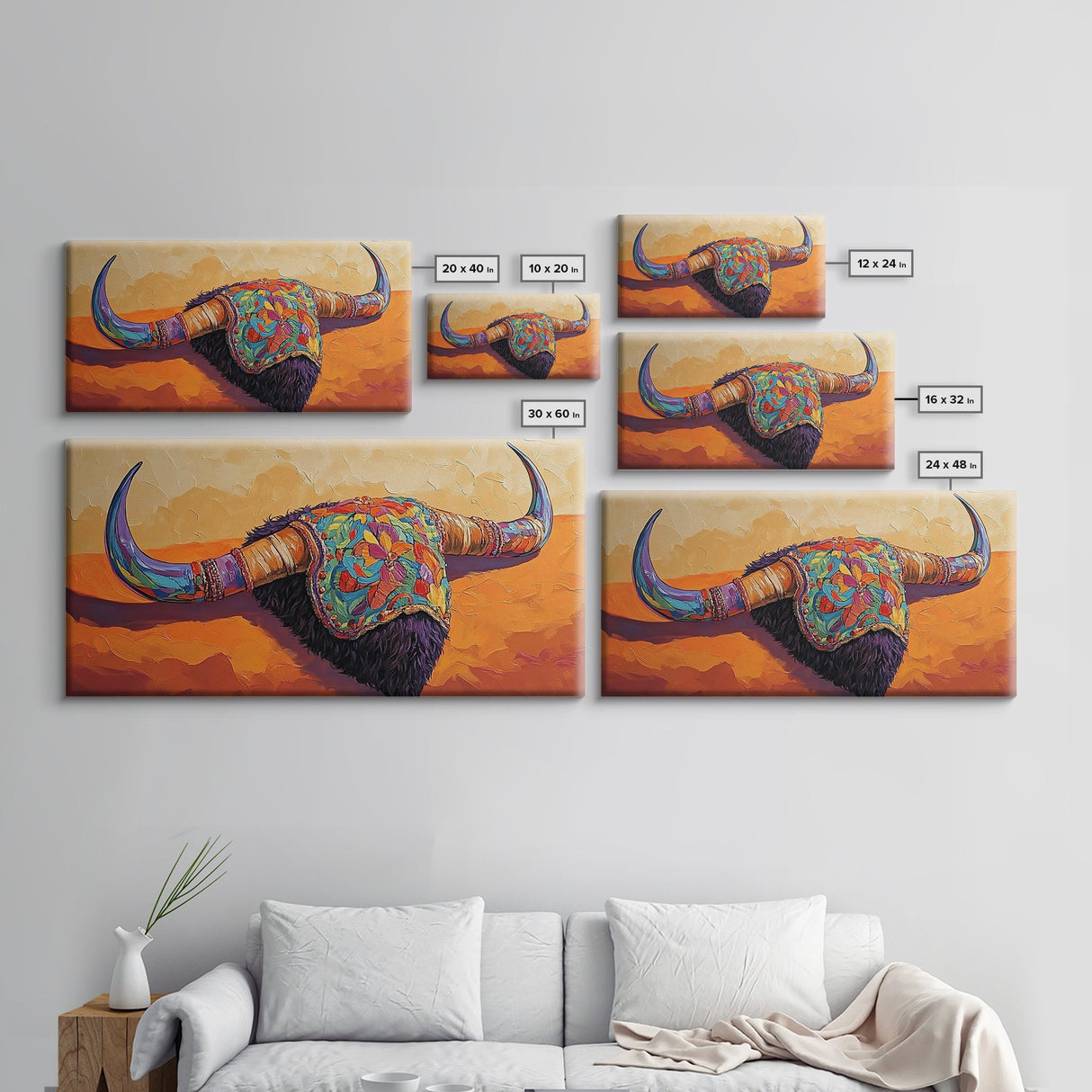 Vibrant Bull Skull, southwest wall art, rustic decor, boho art, moody art, unique gift idea, bright bold painting, framed canvas print