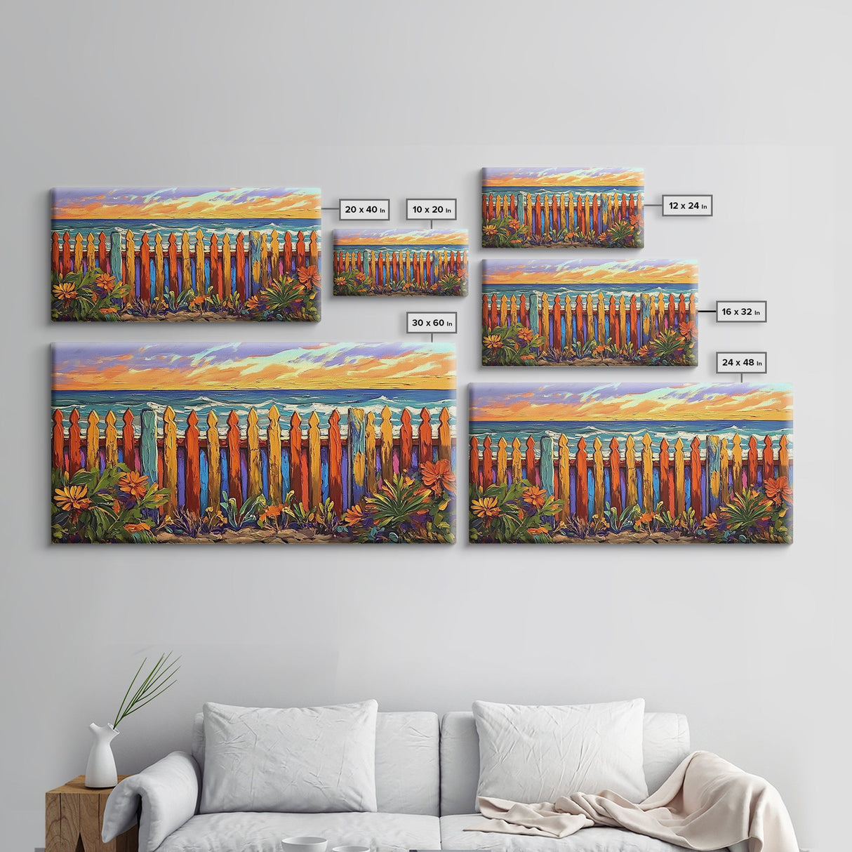 Vibrant Coastal Fence, beach decor, coastal landscape art, coastal wall art, nautical painting, extra wide art, framed canvas print