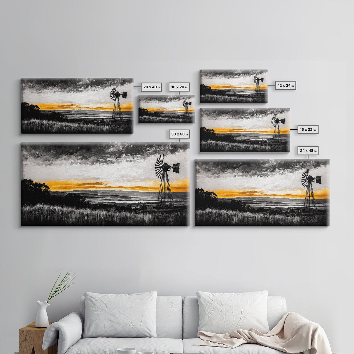 Windmill Sunset, windmill wall art, rustic decor, farmhouse art, landscape painting, extra wide art, framed canvas print, panoramic art