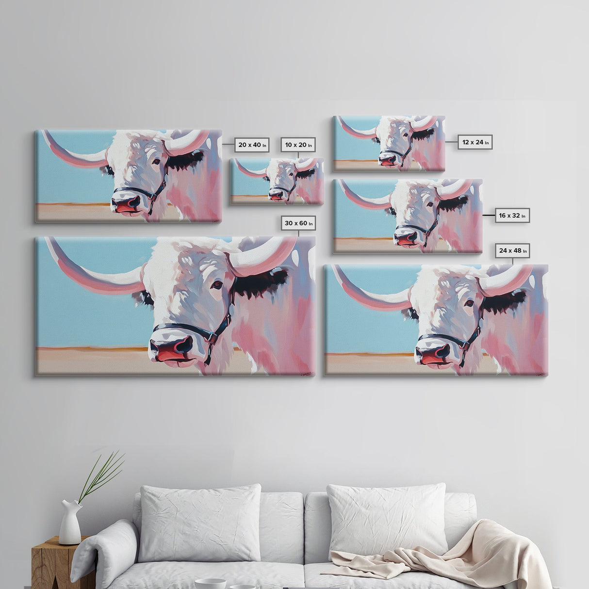 Longhorn Cow Portrait, Rustic Farmhouse Wall Art, Southwest Decor, Western Painting, Framed Canvas Print, Country Living Gift Idea