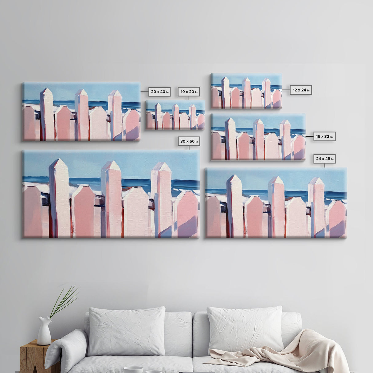 Beach Fence Painting, Coastal Landscape Art, Nautical Wall Decor, Soft Pastel Colors, Framed Canvas Print, Extra Wide Art, Seaside Home