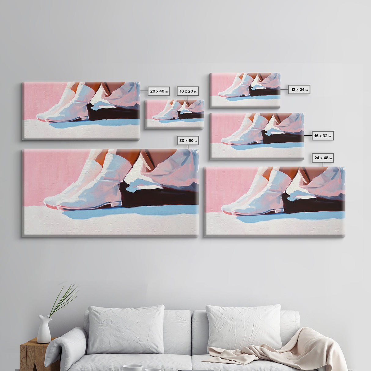 White Cowgirl Boots, coastal cowgirl wall art, pink orange wall art, vintage fashion, boho art, wabi sabi art, framed canvas print