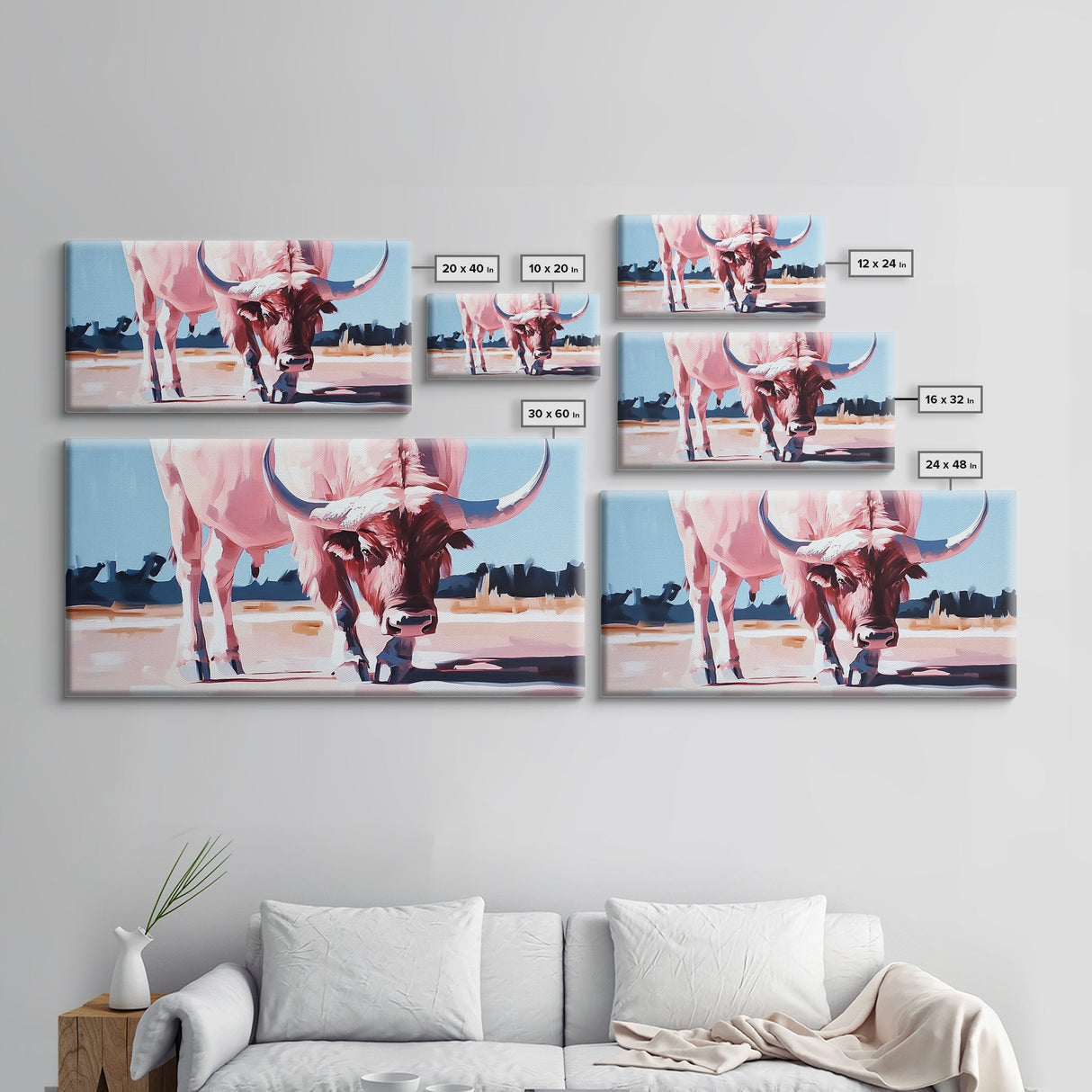 Texas Longhorn, rustic decor, bull and bear art, southwest wall art, pink orange wall art, extra wide art, framed canvas print