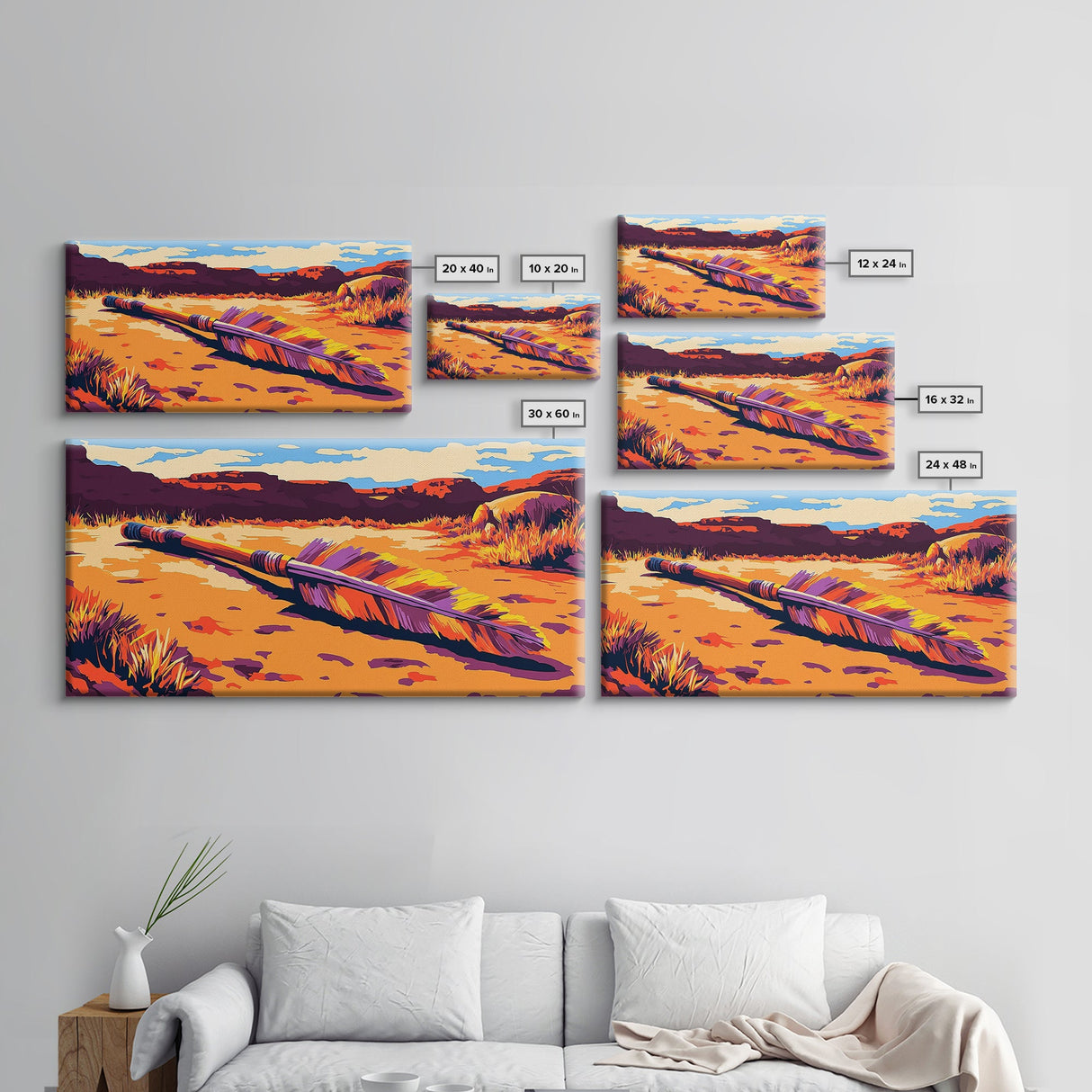 Fallen Arrow, rustic wall art, cowboy painting, southwest wall art, desert landscape, panoramic art, Framed Canvas Print, farmhouse decor, bold