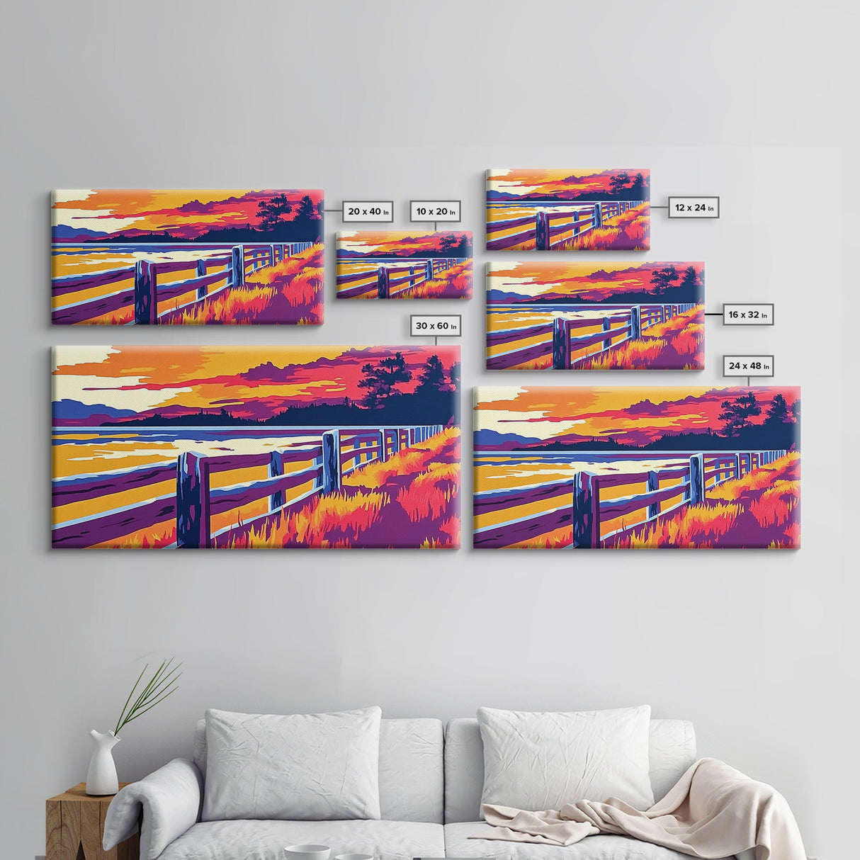 Western Fence, rustic wall art, landscape painting, panoramic art, extra wide art, farmhouse decor, scenic art, Framed Canvas Print, gift idea