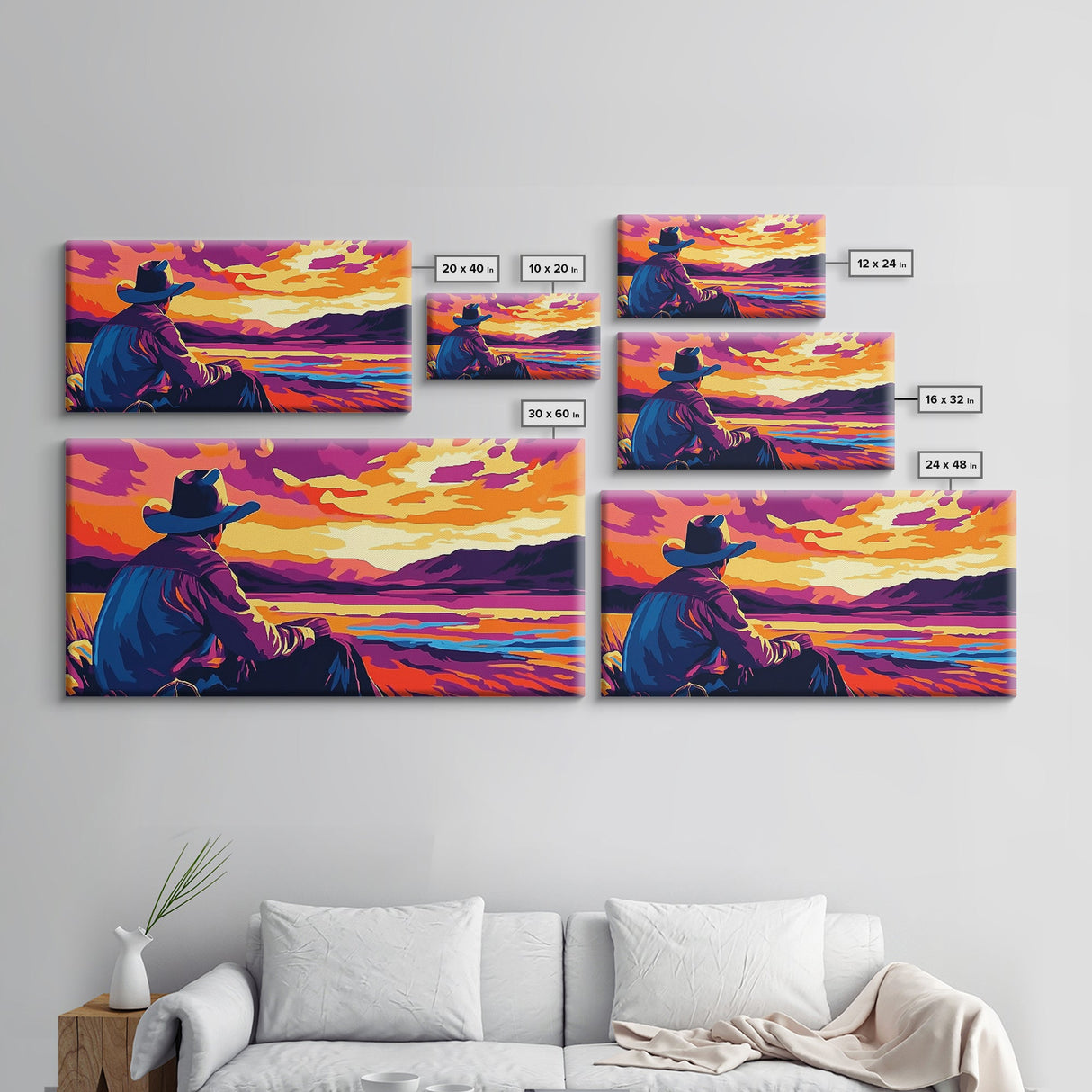 Cowboy Sunset, western art, landscape painting, rustic decor, panoramic art, farmhouse art, Framed Canvas Print, gift idea, extra wide art