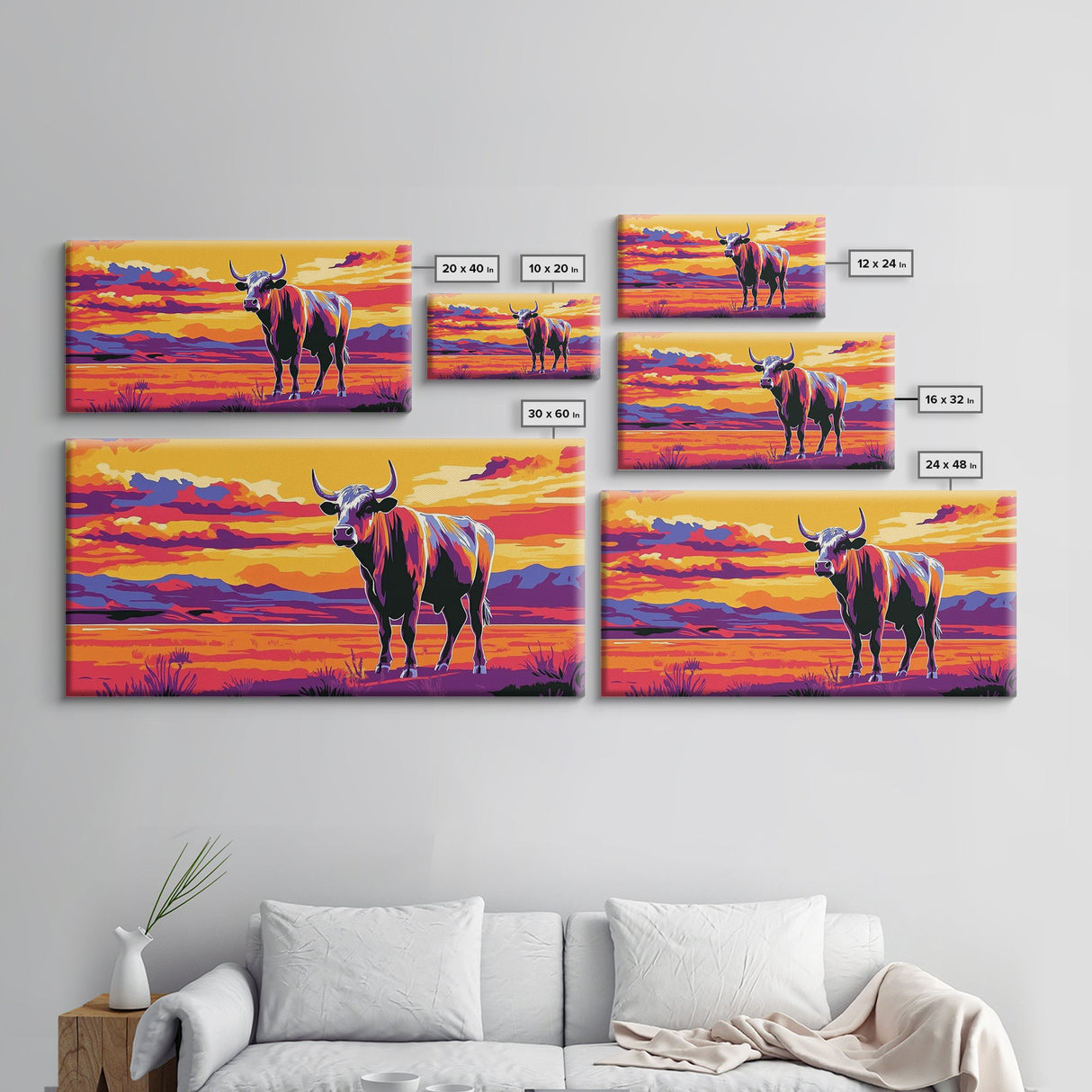 Bull, cattle, western ranch, cowboy lifestyle, moody colors, rustic home decor, scenic landscape, extra wide art, canvas print