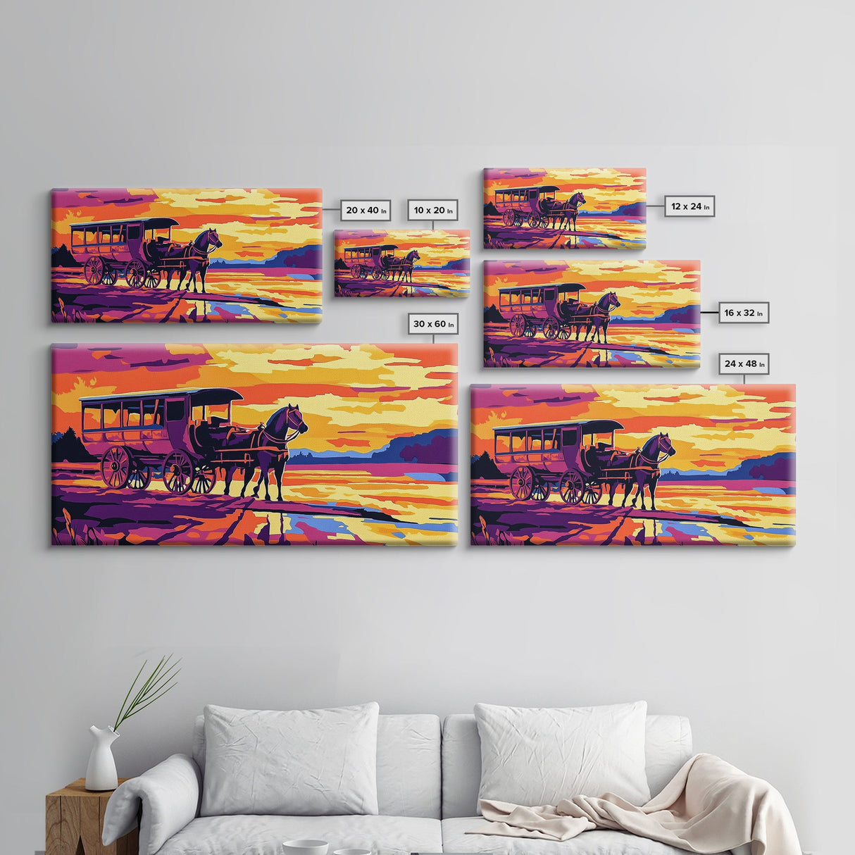 Horse carriage, old west, sunset scene, rustic western art, nostalgic painting, moody colors, extra wide wall art, canvas print