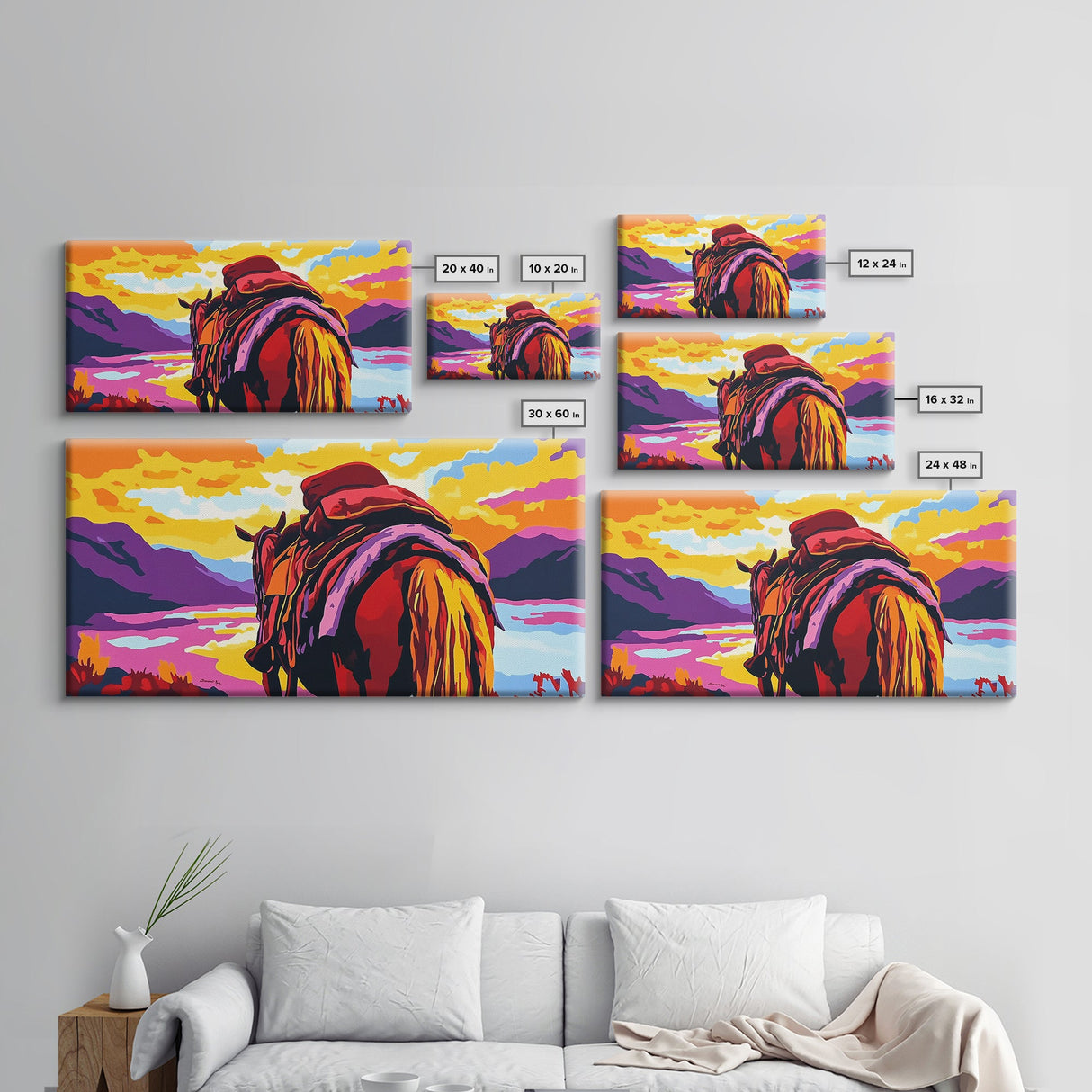 Pack horse, rugged adventure, cowboy aesthetic, mountain sunset, rustic decor, extra wide art, nostalgic western, framed canvas print