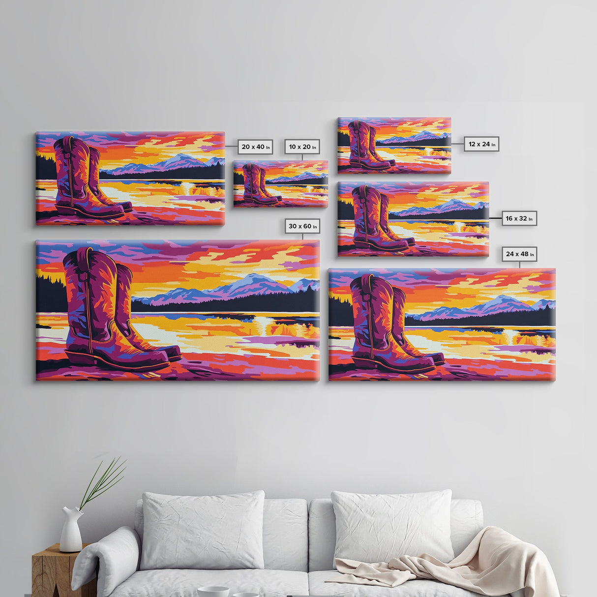 Cowboy boots, lake sunset, mountain painting, rustic western art, farmhouse decor, vibrant colors, extra wide art, canvas print