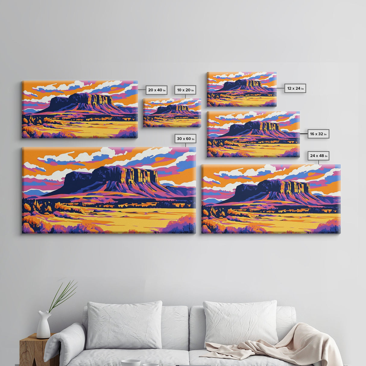 Mesa, desert sunset, southwest decor, extra wide wall art, western landscape painting, panoramic painting, framed canvas print