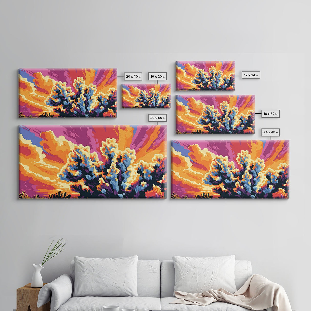 Joshua Tree, desert landscape, sunset art, boho decor, southwest wall art, extra wide art, framed canvas print, panoramic painting