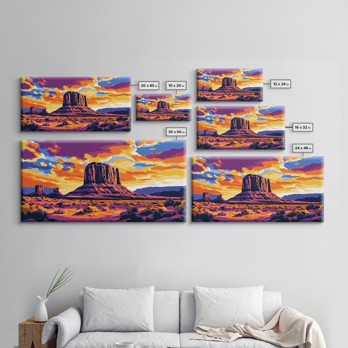 Monument Valley, desert painting, southwest wall art, mountain painting, boho art, panoramic art, Canvas Print, rustic wall art, cowboy gift