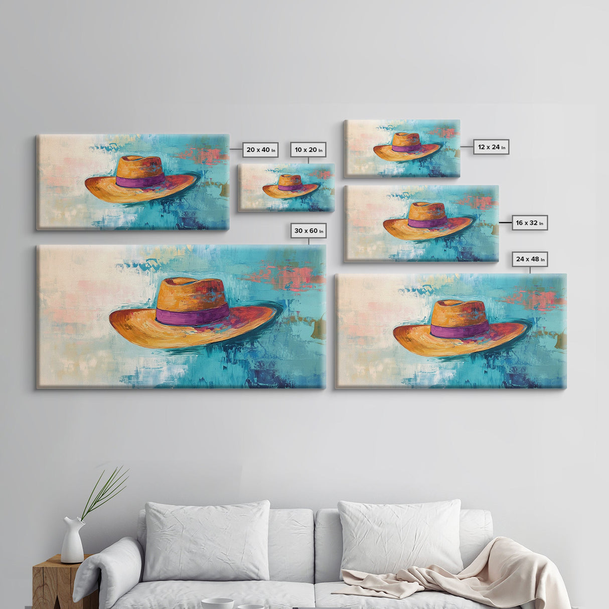 Western Hat, Boho Art, Rustic Wall Art, Southwest Art, Moody Painting, Extra Wide Art, Minimalist Art, Framed Canvas Print