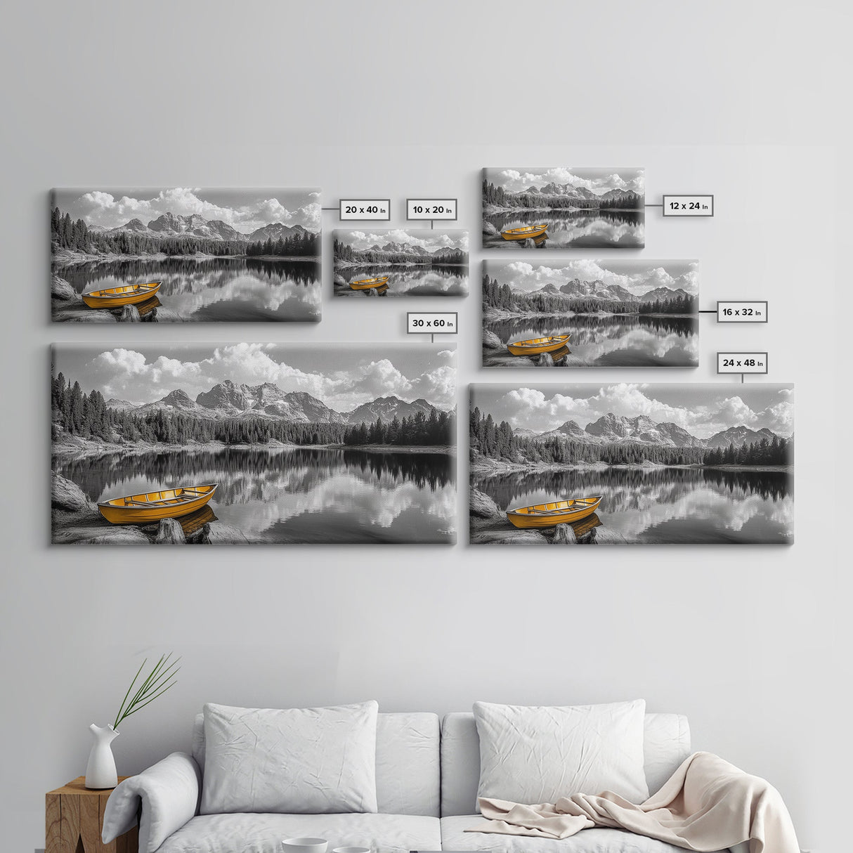 Mountain Lake with Boat, nautical wall art, lake Tahoe art, coastal decor, rustic wall art, extra wide art, seascape painting, Canvas Print