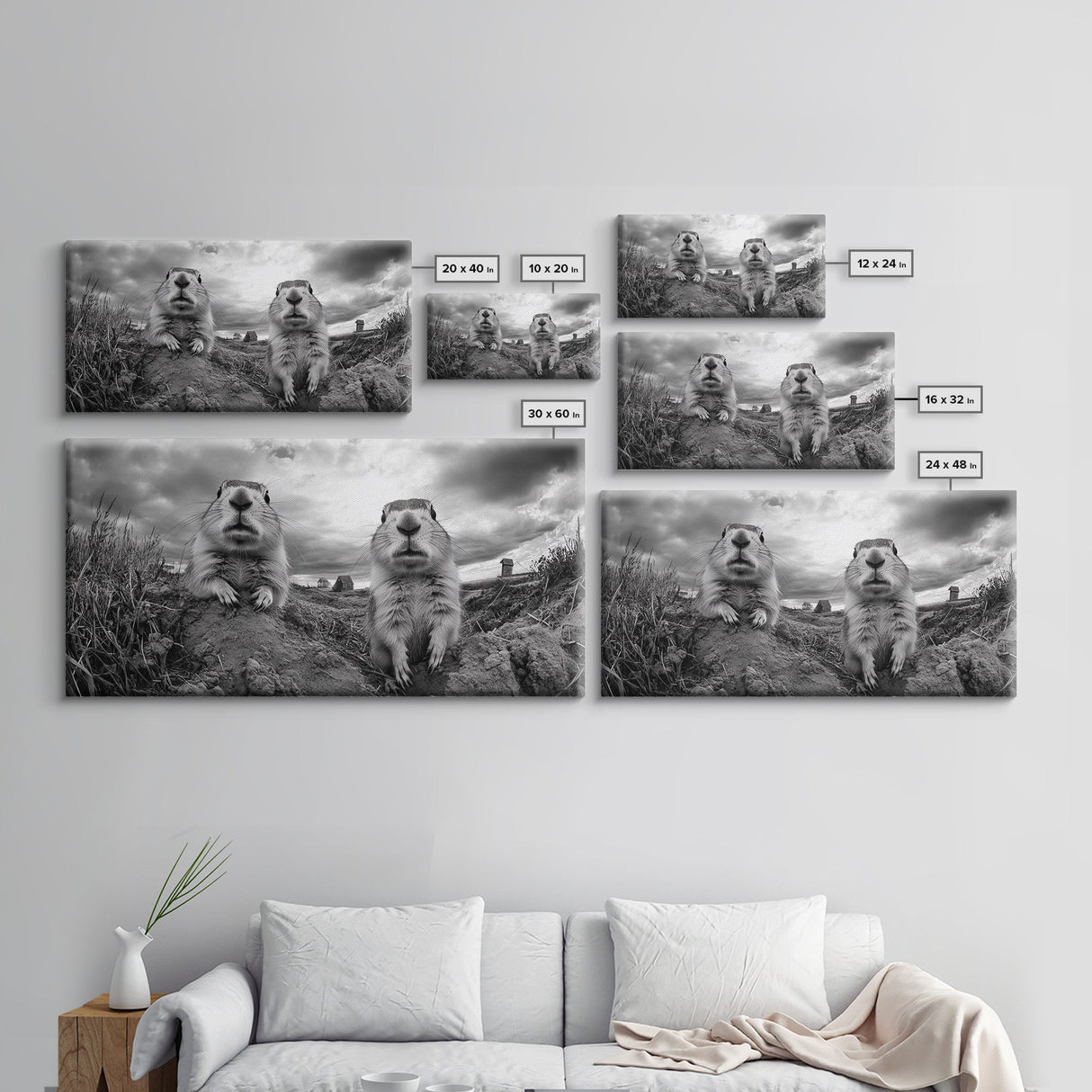 Prairie dogs, whimsical art, rustic wall art, farmhouse art, nature painting, extra wide art, above couch art, framed canvas print