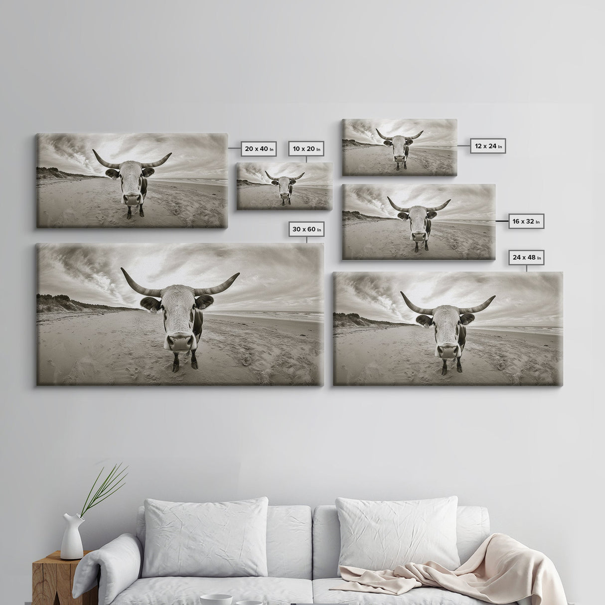 Longhorn, beach, western decor, rustic art, farmhouse art, extra wide art, above sofa art, panoramic painting, framed canvas print