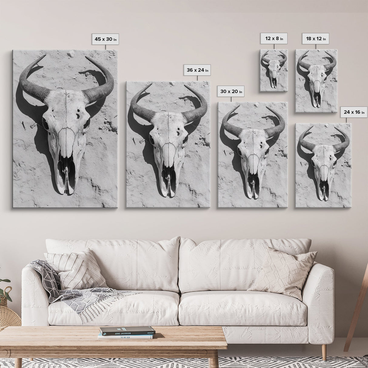 Bull skull, desert aesthetic, cowboy art, rustic decor, black and white photography, boho art, framed canvas print, western wall art