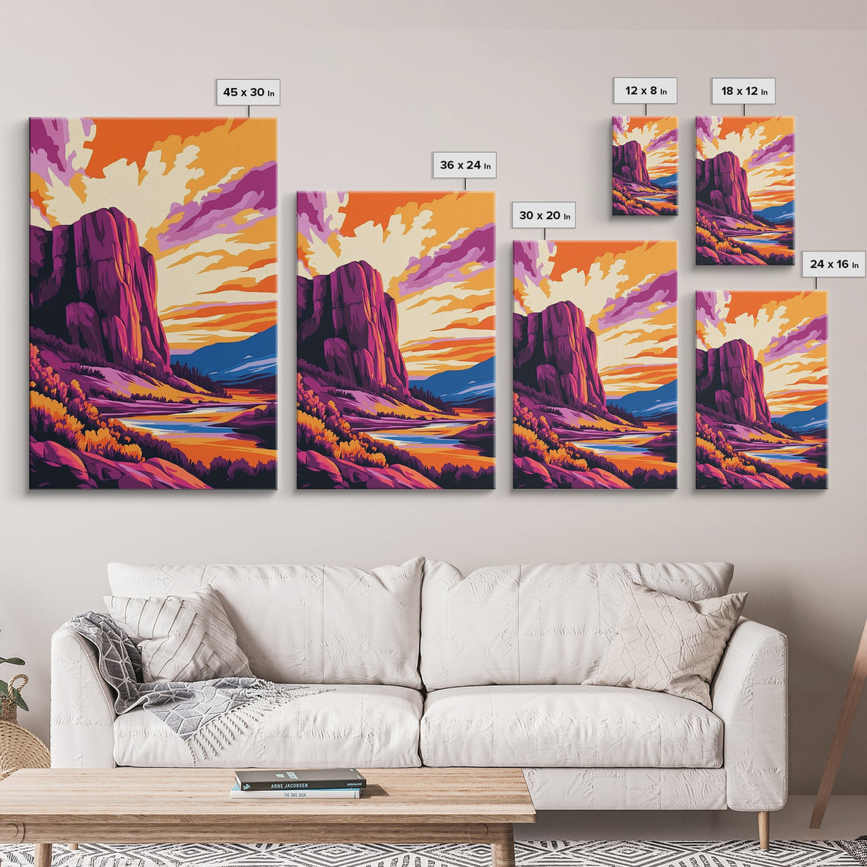 Mountain Painting, Bold Landscape Art, Orange Purple Wall Decor, Southwest Wall Art, Framed Canvas Print, Nature Inspired Artwork