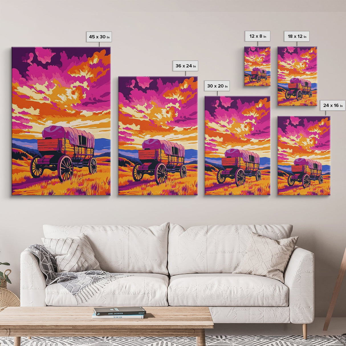 Covered Wagon, Sunset Painting, Western Landscape, Rustic Art, Canvas Print, Southwest Wall Art, Farmhouse Art, Living Room Art