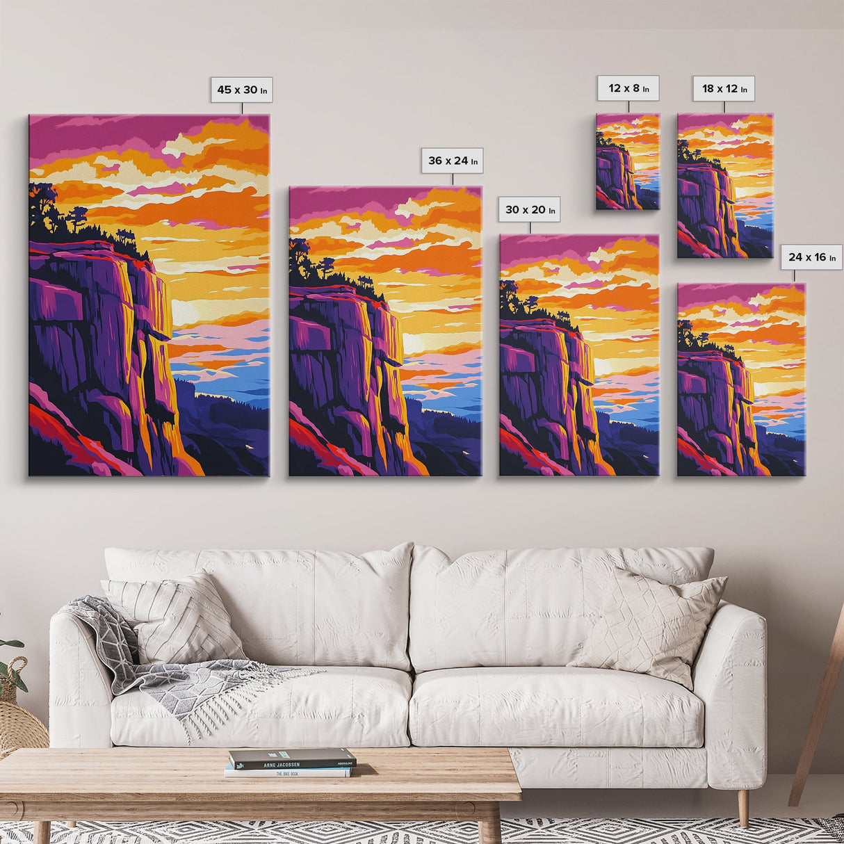 Mountain Cliffs, Southwest Sunset, Canyon Painting, Framed Canvas Print, Pink Orange Wall Art, Joshua Tree Art, Panoramic Art
