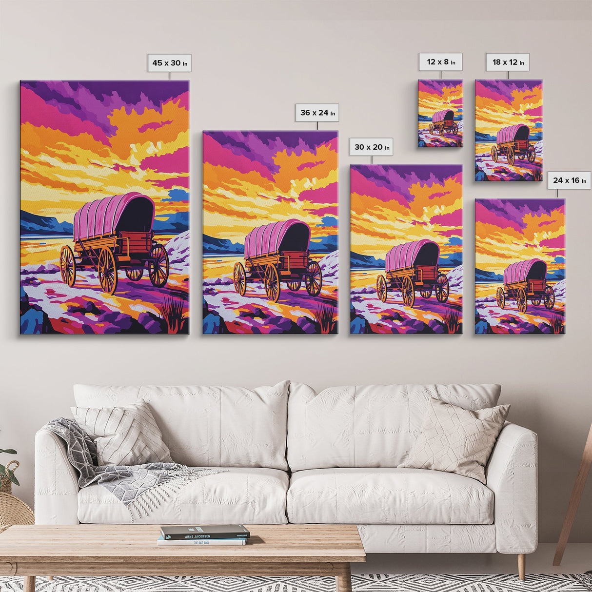 Colorful Wagon, pink orange wall art, landscape painting, southwest wall art, farmhouse art, boho art, framed canvas print, above bed art