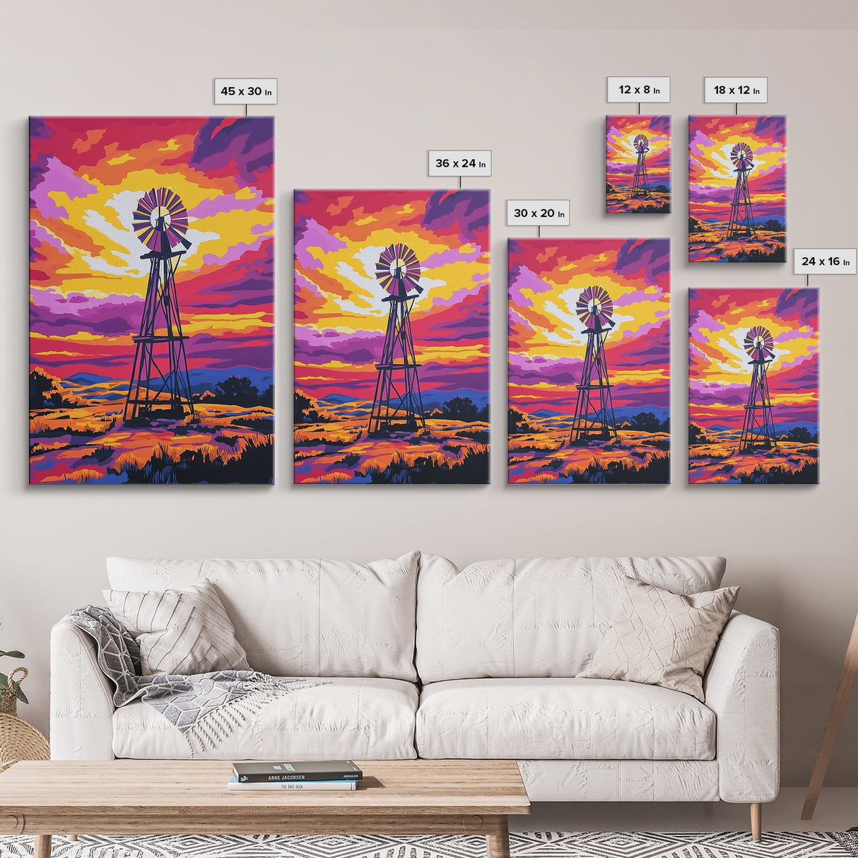 Vibrant Windmill Sunset, pink orange wall art, windmill wall art, rustic art, farmhouse art, canvas print, above couch art, gift idea for her