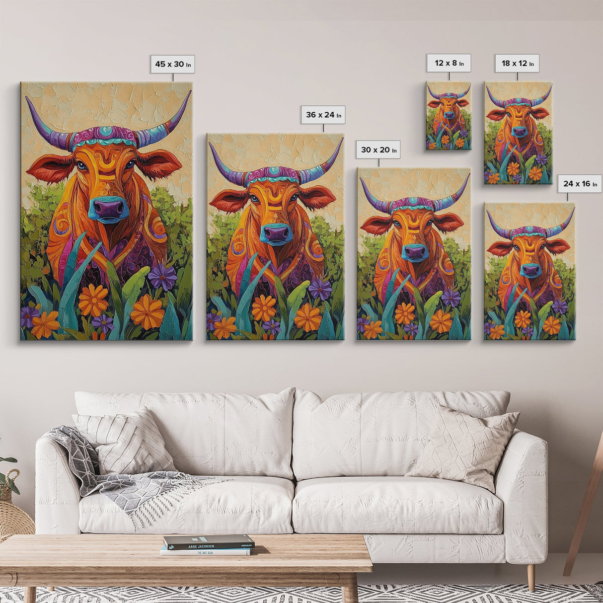 Colorful Bull Art, boho art, wabi sabi art, whimsical art, wildflower painting, framed canvas print, gift idea, rustic wall art