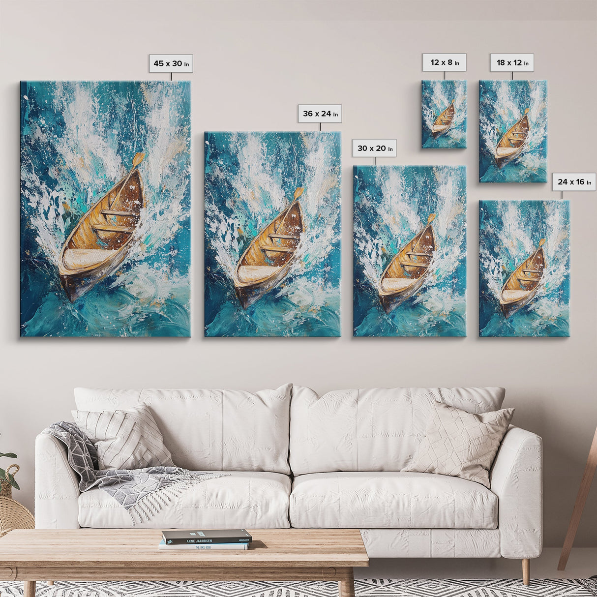 Wooden Boat in Waves, nautical painting, coastal decor, ocean waves art, seascape painting, framed canvas print, living room art, rustic art