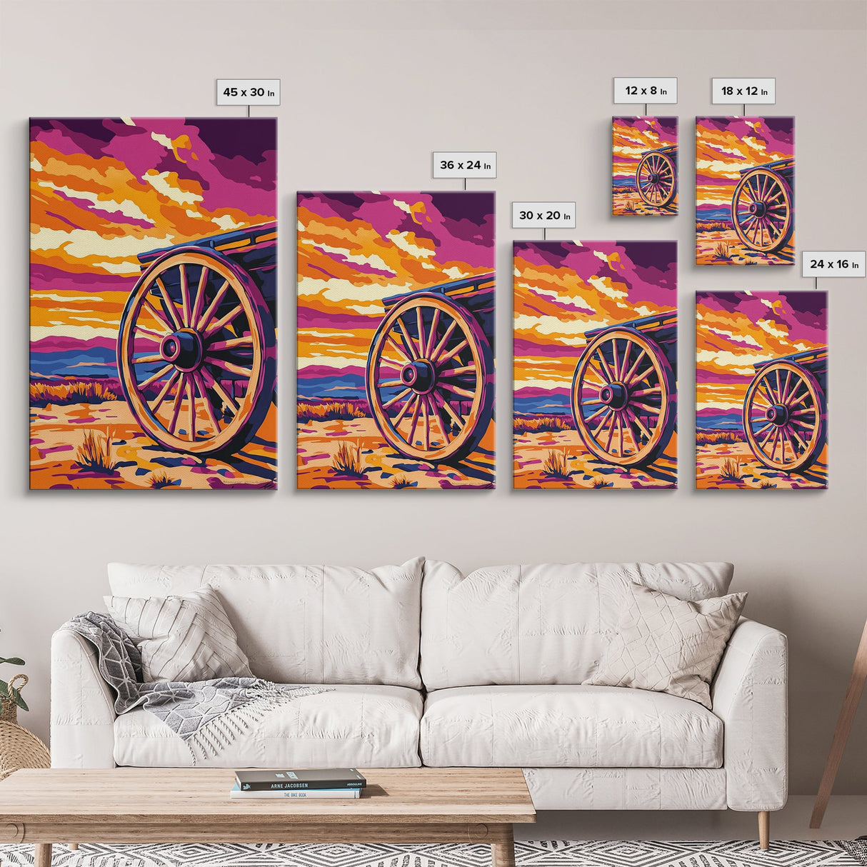 Vibrant Wagon Wheel, Pink Orange Wall Art, Boho Art, Framed Canvas Print, Southwest Aesthetic, Above Sofa Art, Rustic Decor, Gift Idea