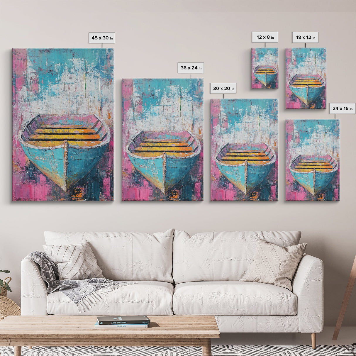 Blue Rowboat Painting, Nautical Painting, Coastal Wall Art, Rustic Decor, Extra Wide Art, Canvas Print, Farmhouse Art, Moody Art