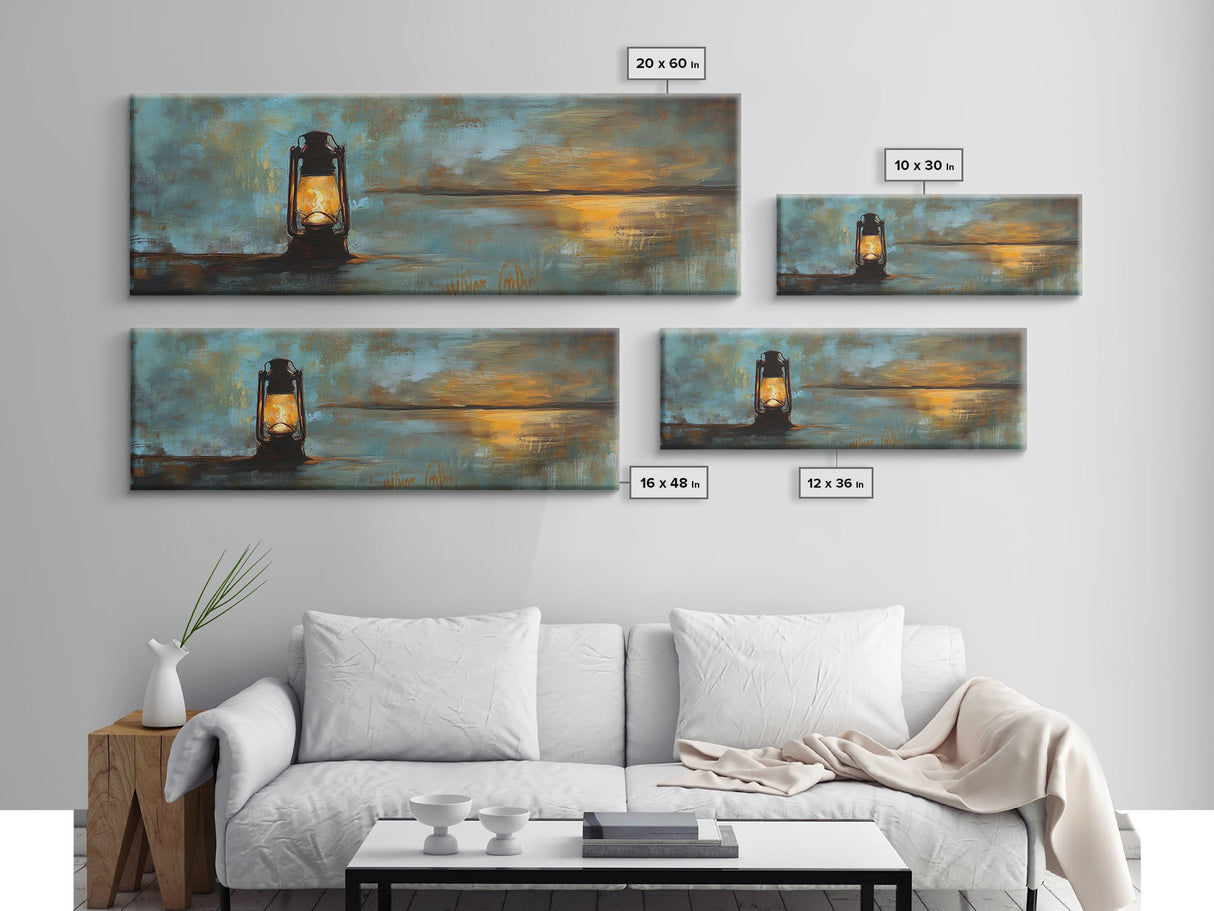 Lantern, rustic art, moody art, oil painting, long narrow wall art, extra wide art, above sofa art, Framed Canvas Print