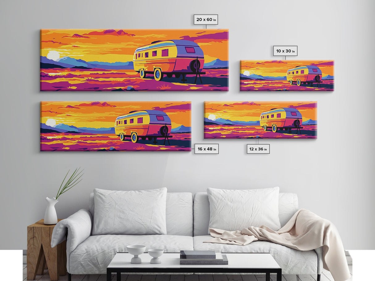 Camper, vintage Christmas, retro art, southwest wall art, extra wide art, gift idea for her, pink orange wall art, Canvas Print