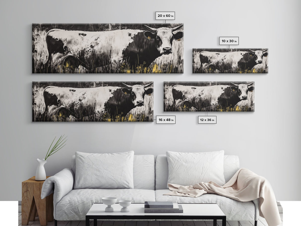 Black and White Cow, farmhouse art, rustic wall art, extra wide art, wabi sabi art, vintage horse art, Canvas Print