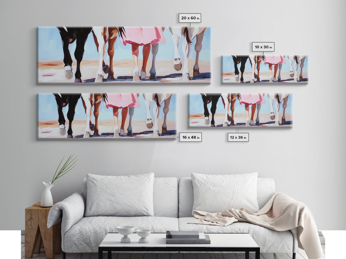 Horse Walk, western art, cowboy painting, rustic decor, extra wide art, panoramic art, framed canvas print, long narrow wall art
