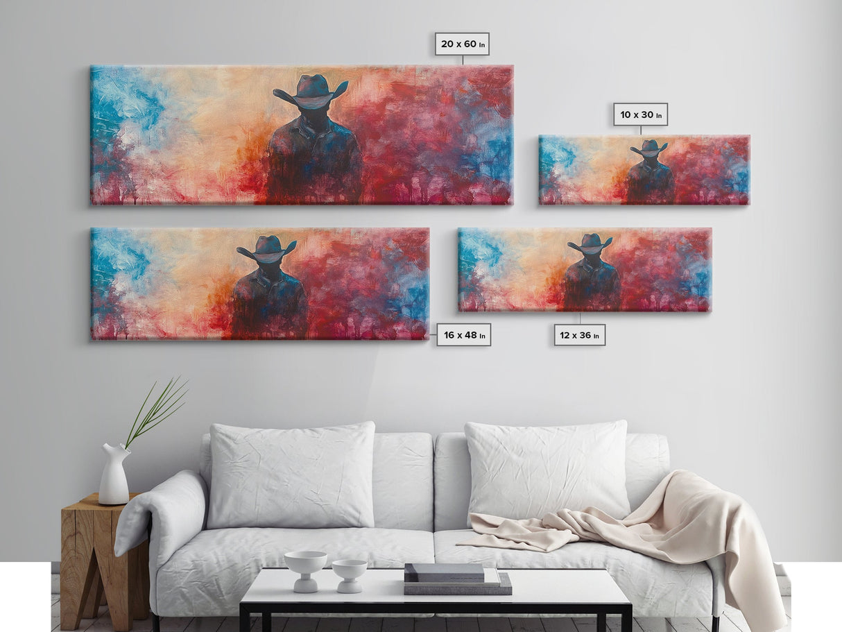Moody Cowboy Art, dark romance painting, rustic wall art, southwest wall art, extra wide art, framed canvas print, panoramic painting