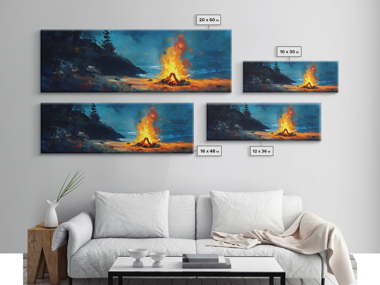 Coastal Cowgirl Wall Art, Framed Canvas Print, Campfire Painting, Rustic Decor, Moody Art, Extra Wide Art, Living Room Art, Above Couch Art