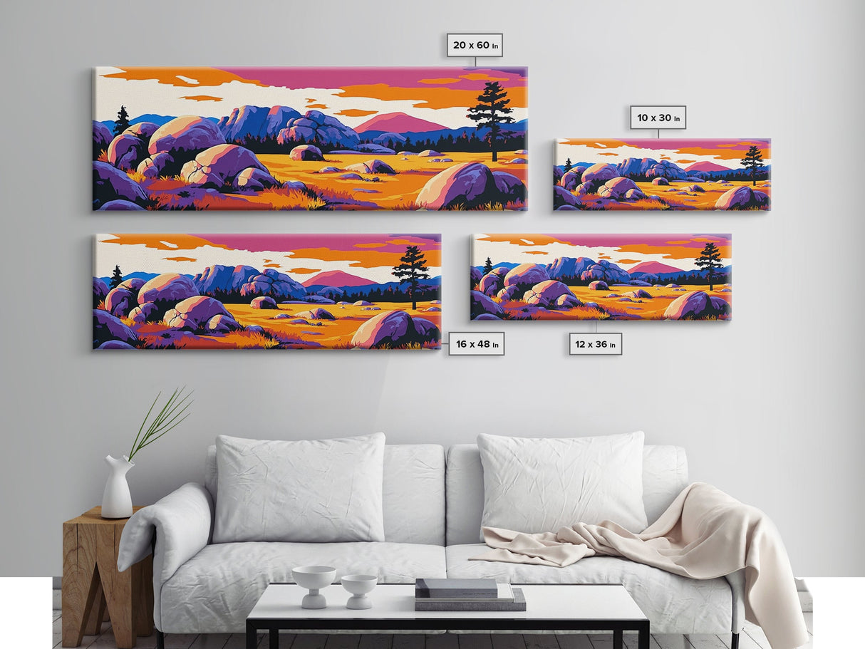 Southwest landscape, sunset painting, Joshua tree art, pink orange wall art, extra wide art, rustic decor, framed canvas print