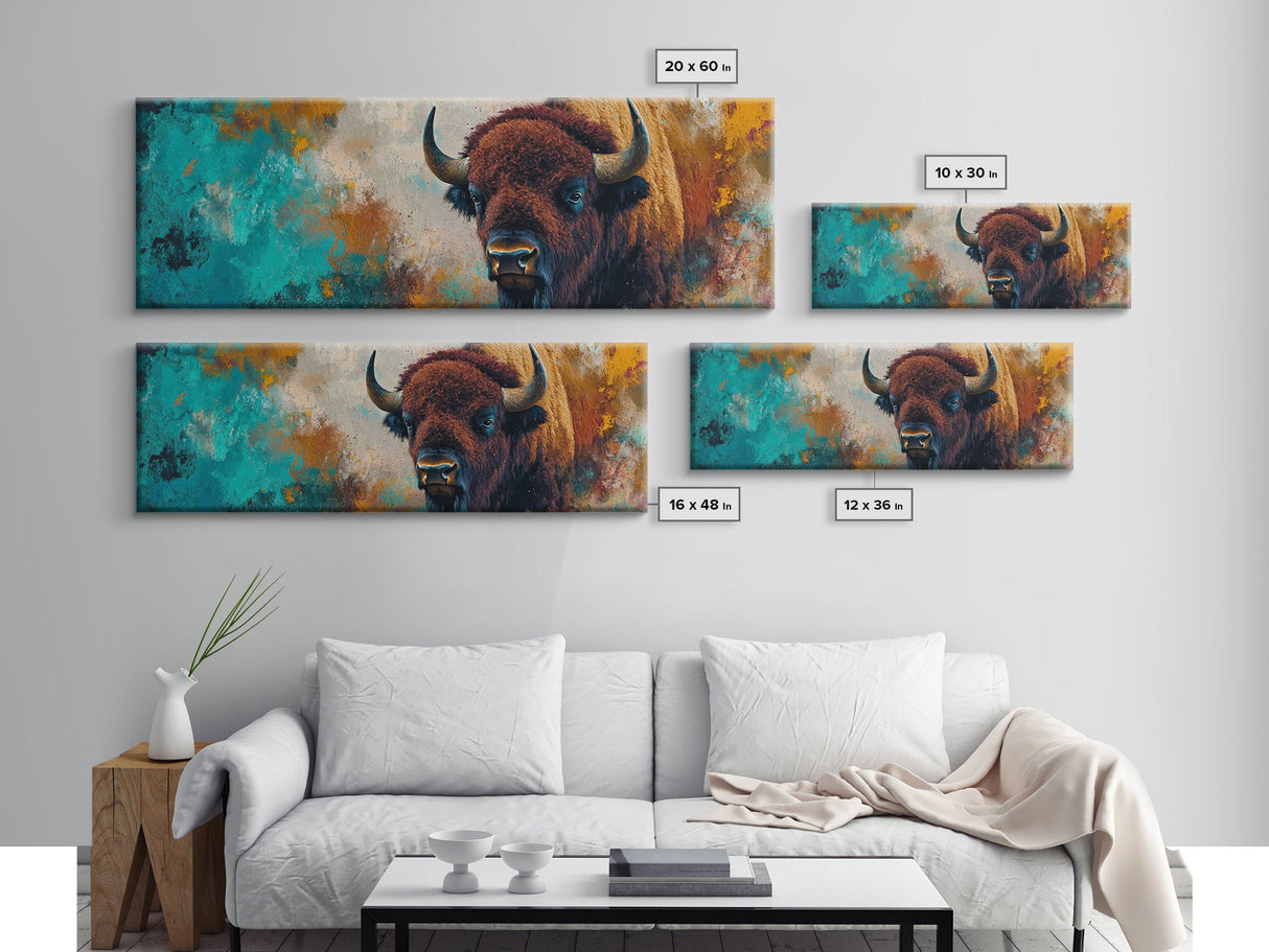 Bold bison painting, teal and orange art, rustic wall art, farmhouse decor, boho art, extra wide western painting, canvas print