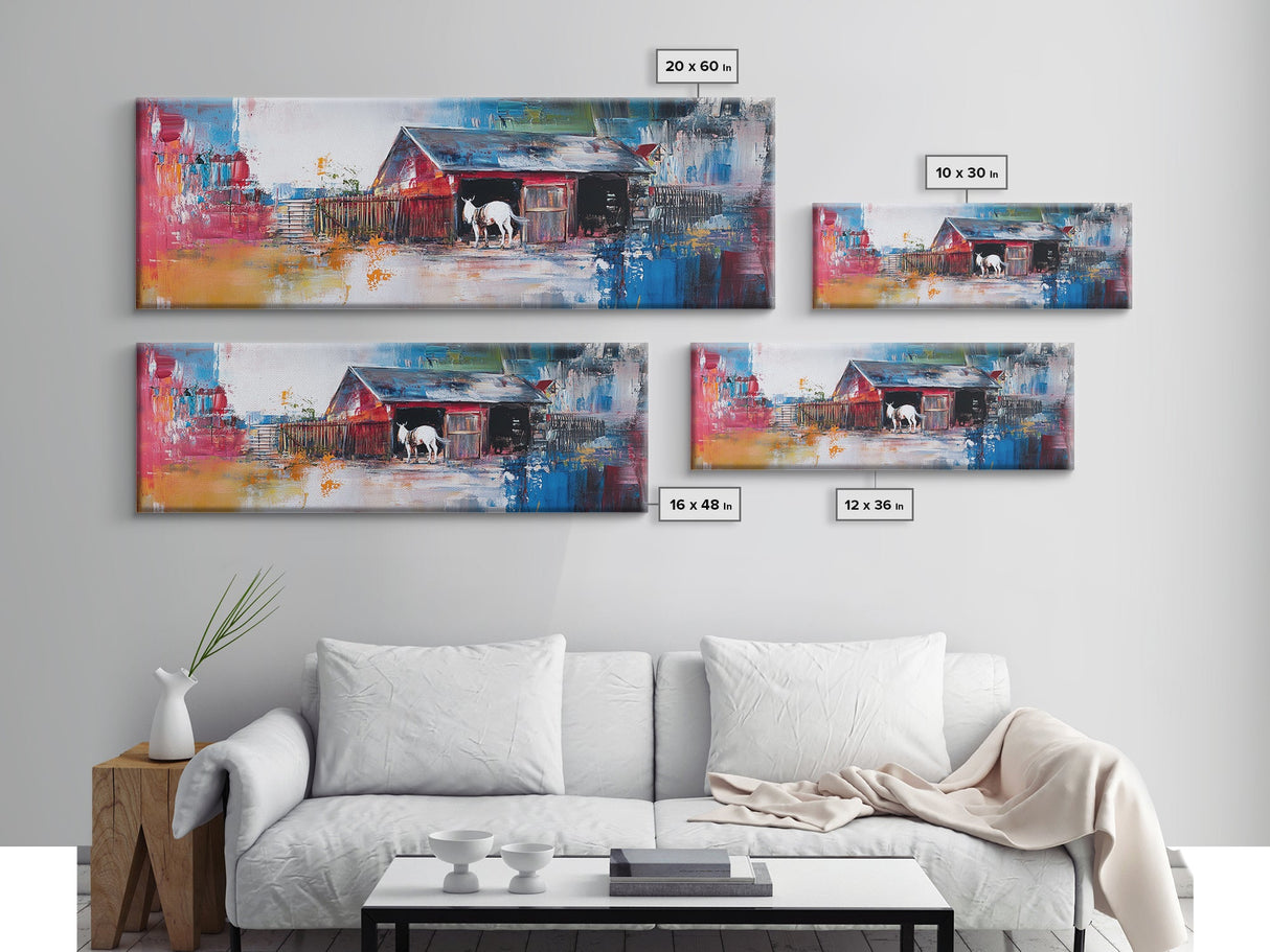 Abstract Barn, barn landscape oil painting, farmhouse art, rustic wall art, extra wide art, framed canvas print, colorful decor
