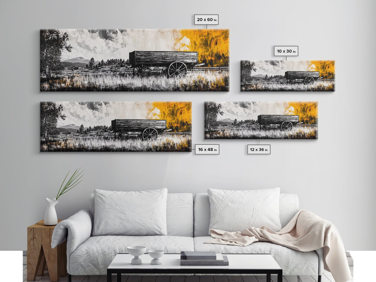 Vintage wooden wagon, rustic wall art, barn landscape oil painting, black and white art, extra wide art, framed canvas print, farmhouse art