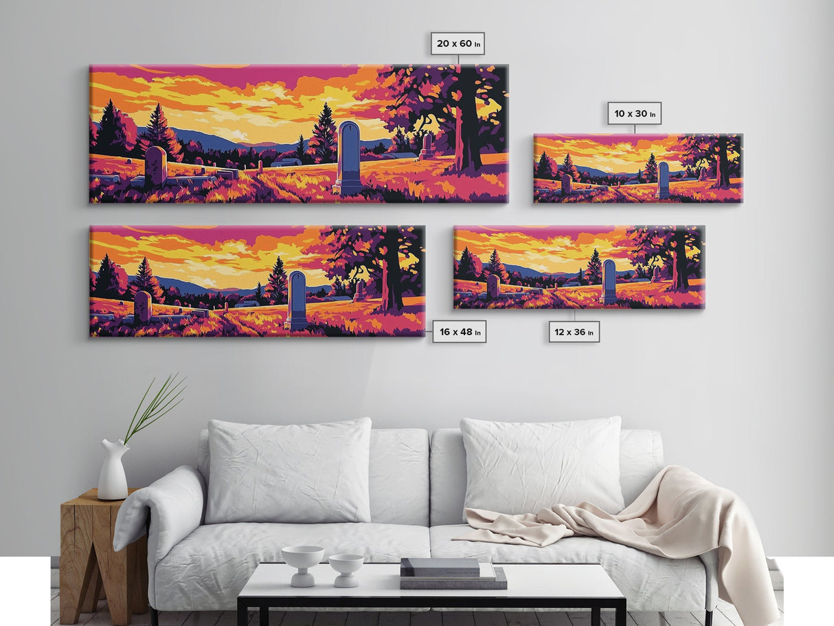 Western Graveyard, cowboy art, gothic painting, southwest wall art, dark angels wall art, extra wide moody art, framed canvas print