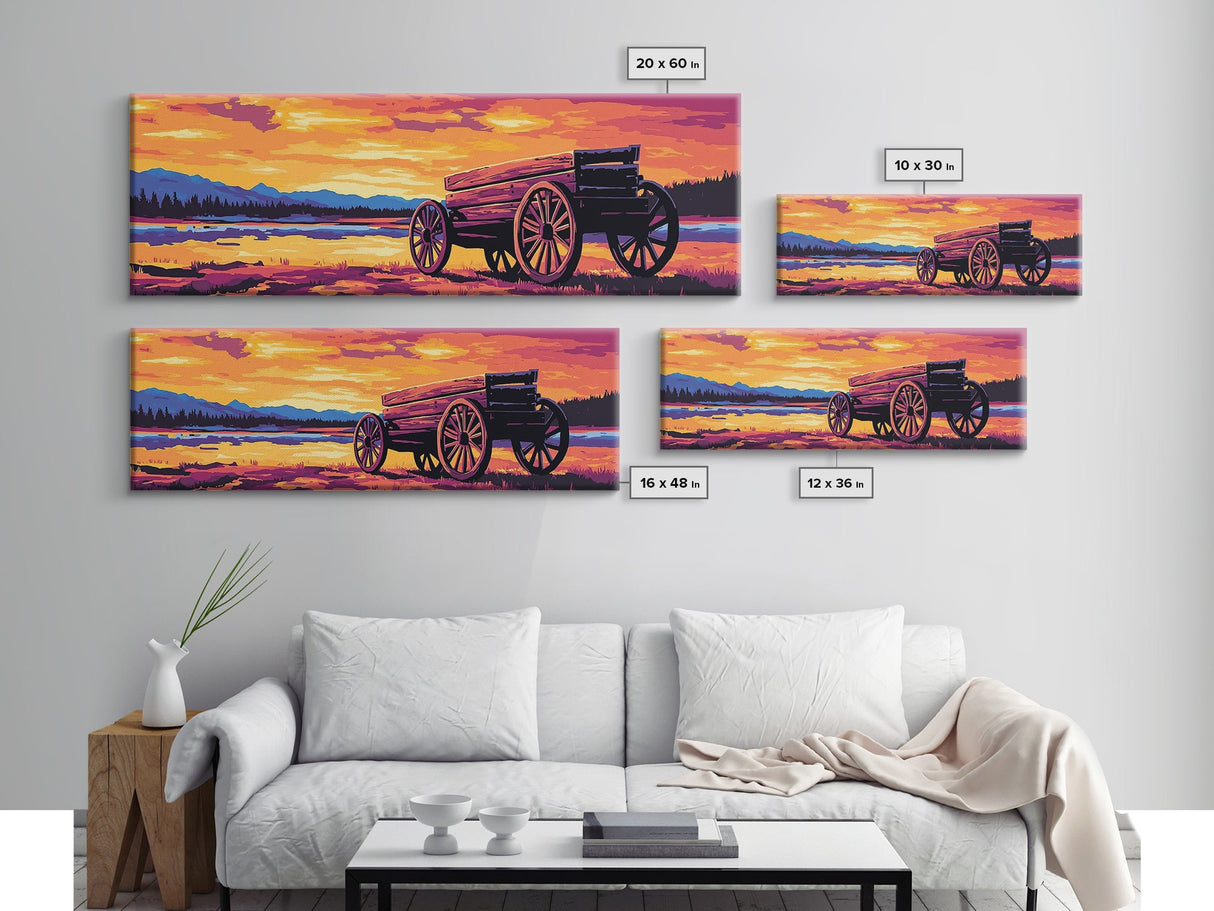 Sunset Wagon Painting, southwest wall art, boho art, Joshua tree art, rustic decor, warm tones, framed canvas print, extra wide art