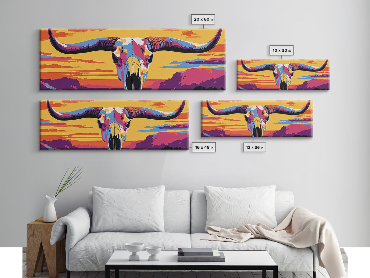 Longhorn Skull, southwest wall art, bull and bear art, pink orange wall art, extra wide art, Framed Canvas Print, rustic decor