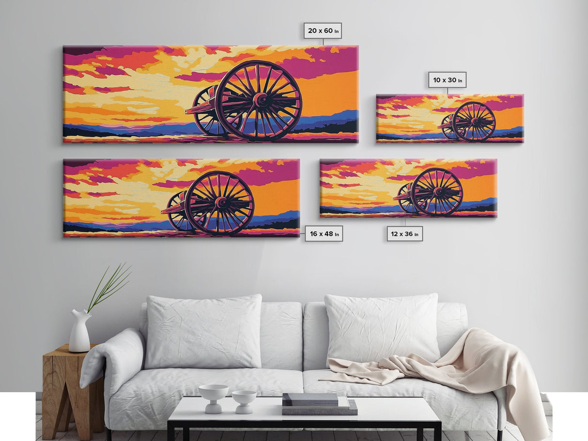 Sunset Wagon Wheel, pink orange wall art, bold color art, boho art, panoramic painting, extra wide art, framed canvas print, landscape painting