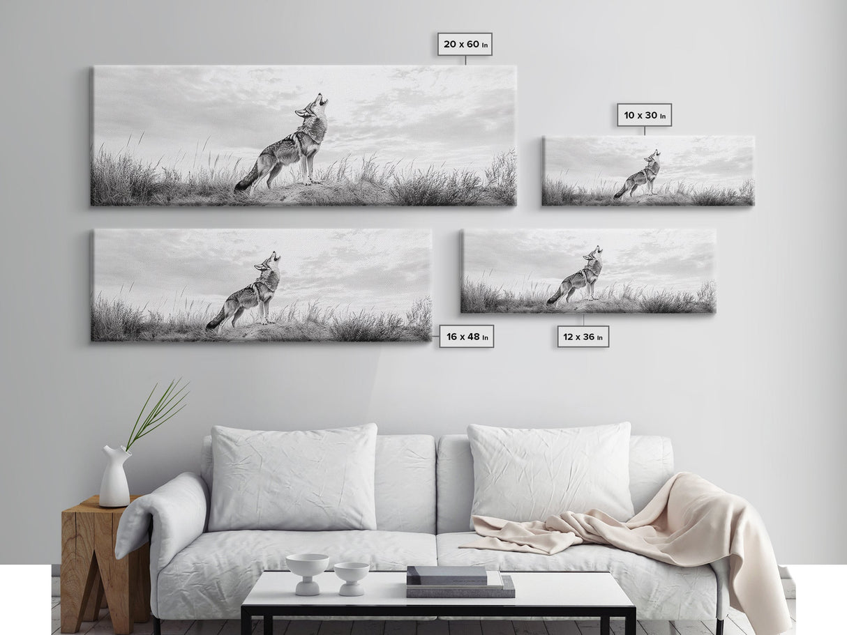 Lone Coyote, southwest wall art, wabi sabi art, extra wide art, moody art, landscape painting, framed canvas print, panoramic art