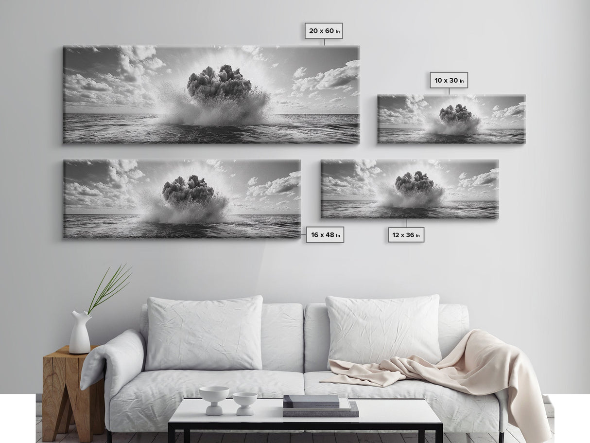Explosion, dramatic seascape, moody art, panoramic art, extra wide art, coastal wall art, framed canvas print, ocean painting, nautical decor